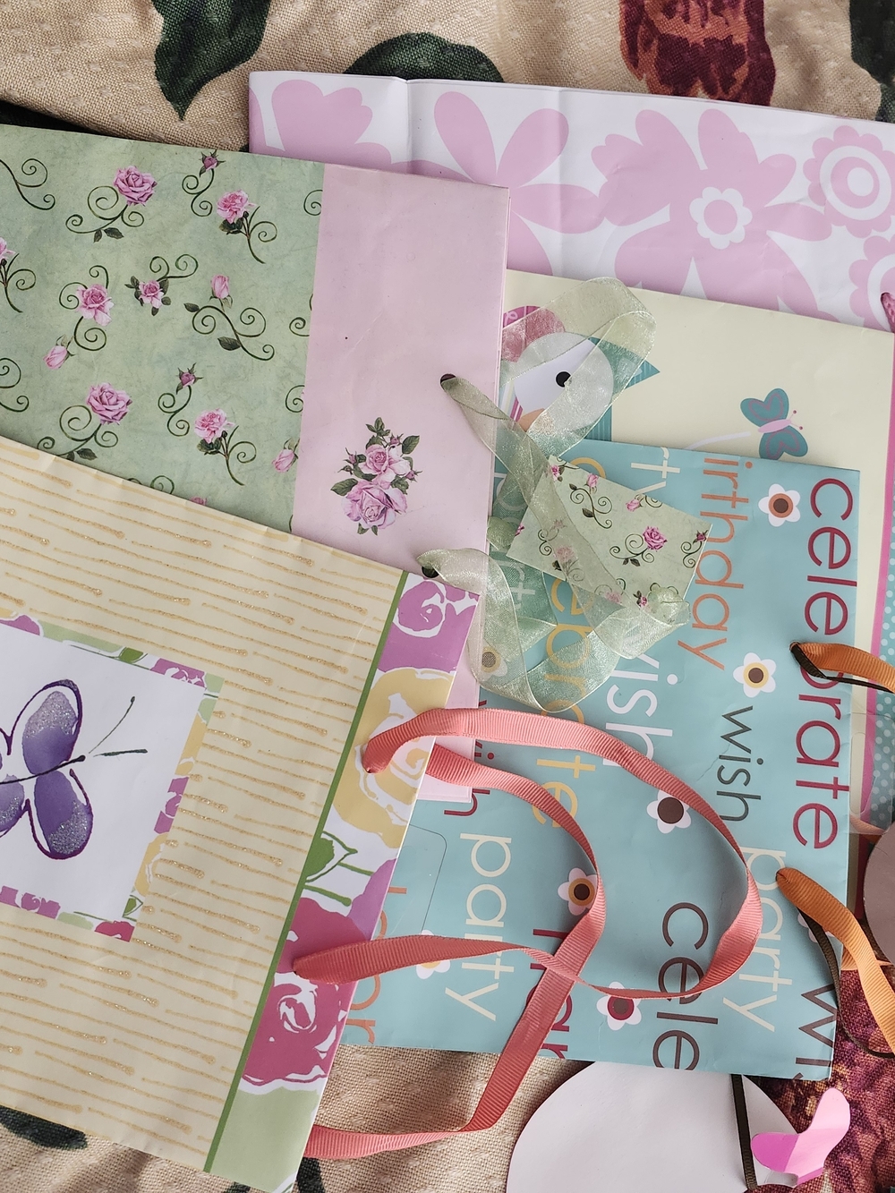 Assorted Pink & Green Floral Gift Bags with Ribbon Handles